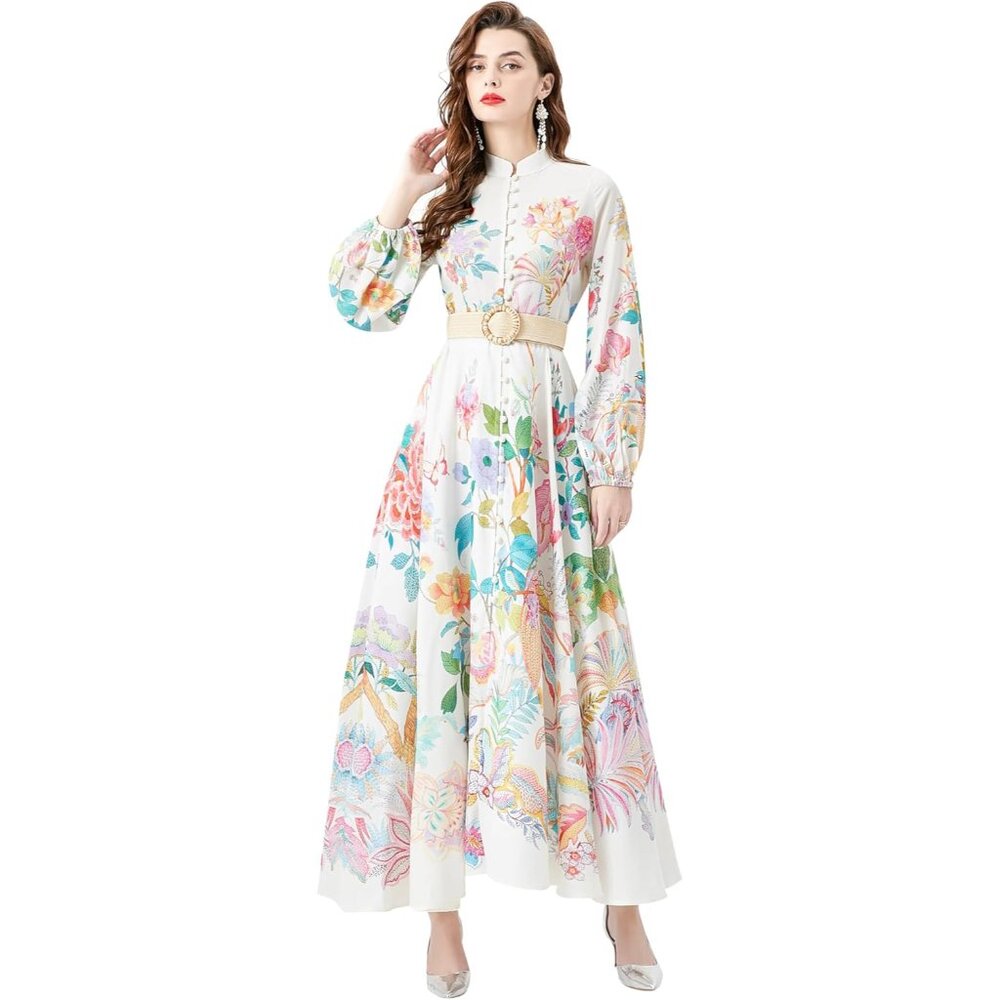 Women's Floral Maxi Dress Polyester Puff Sleeve Button Up Dress For Casual